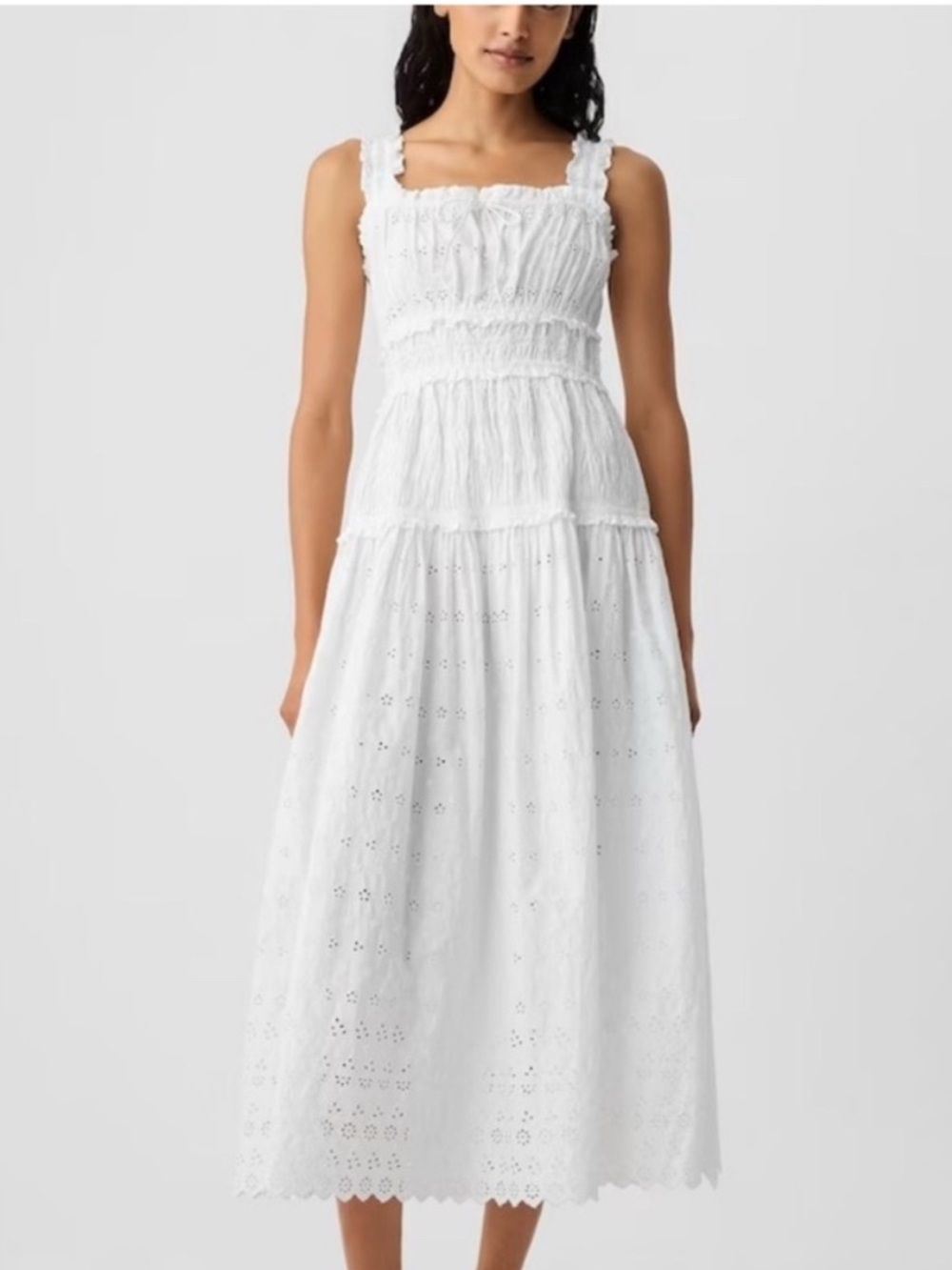 Gap x DOEN Midi Sun Dress Eyelet Sleeveless Smocked Tiered White Size M